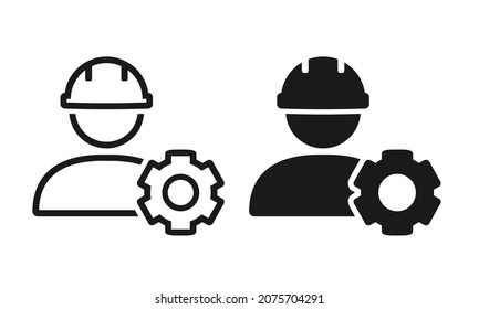 Trabajador de construcción con icono de rueda cognitiva. Vector de ilustración