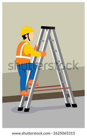 Construction worker with completed safety gear climbed the A-shaped portable ladder.