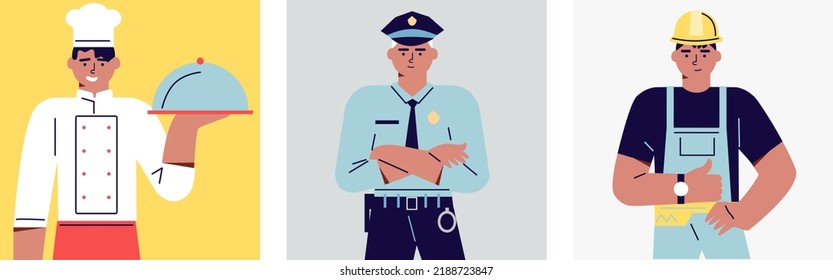 Construction worker, cook, policeman character set. Vector illustration in cartoon style. Labor day