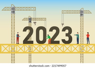 Construction worker with crane build 2023 New Year 2d vector illustration concept for banner, website, illustration, landing page, flyer, etc.