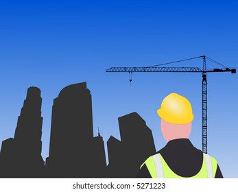 construction worker and crane with Los Angeles skyline