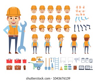 Construction worker creation kit. Creat your own pose, action, animation. Diverse emotions, gestures, design elements. Flat style vector illustration