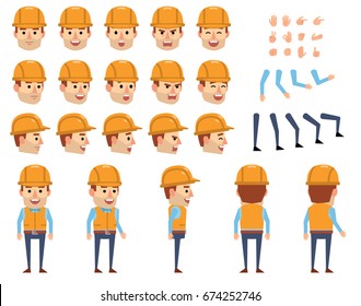 Construction worker creation set. Various gestures, emotions, diverse poses, views. Create your own pose, animation. Flat style vector illustration