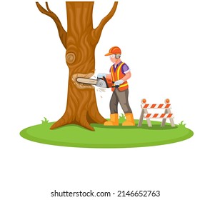 Trabajador de la construcción cortó un árbol con motosierra. vector de ilustración de caricatura de actividad de registro de árbol