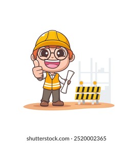 Trabalhador de construção personagem bonito, expressão feliz e polegares para cima