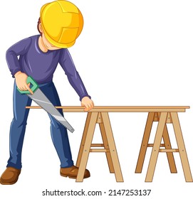 A construction worker cutting wood illustration