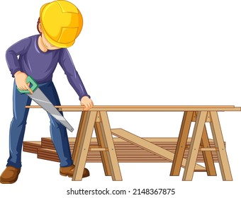 Un trabajador de la construcción cortando ilustración de madera