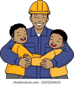 construction worker dad with twin sons, isolated vector illustration for father's day son's day celebration for web decor design