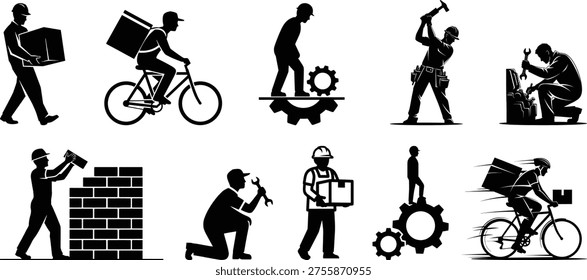 Construction worker and delivery courier silhouettes set with builders mechanics cyclists and logistics workers icons for labor industry and service workforce vector collection