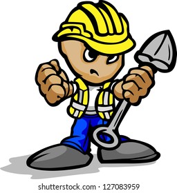 Construction Worker with Determined Face and Shovel and Hardhat Cartoon Vector Image