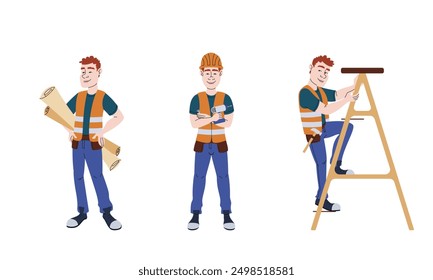 Construction worker in different poses. Man in linear flat style.
