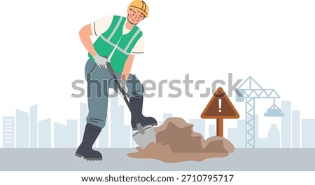 Construction Worker Digging with Shovel on Urban Site