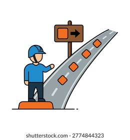 Construction worker directing traffic on a road with directional sign Vector