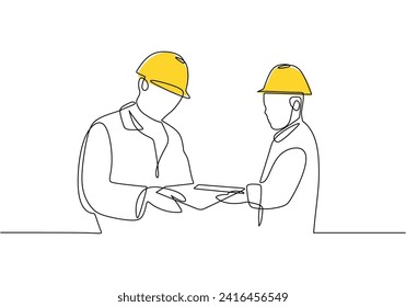 Construction worker discuss a project. One line drawing continuous style. People plan work with helmet.