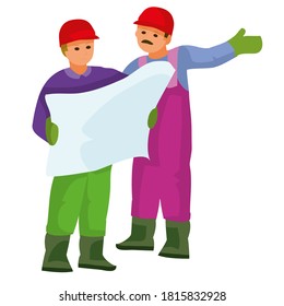 construction worker discussing construction plan with foreman, cartoon illustration, isolated object on white background, vector illustration, eps