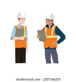 Construction worker discussion with manager. Communication. People conversation. Flat vector illustration isolated on white background