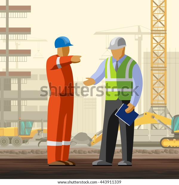 Construction Worker Discussion Manager Construction Site Stock Vector ...