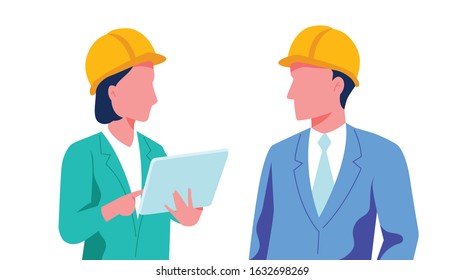 Construction worker discussion with manager at white background. Vector illustration. Cartoon style