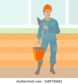 construction worker, dressed in blue uniform and orange helmet, stands against a brick wall with a window and holds a bucket in one hand and a trowel in the other, color vector illustration
