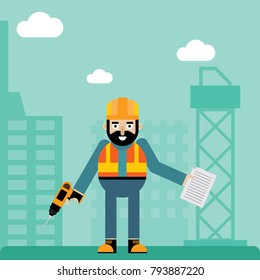 Construction worker with Drill and note. Flat design character