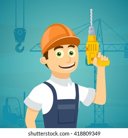 Construction worker with a drill tool in his hand. Stock vector illustration.