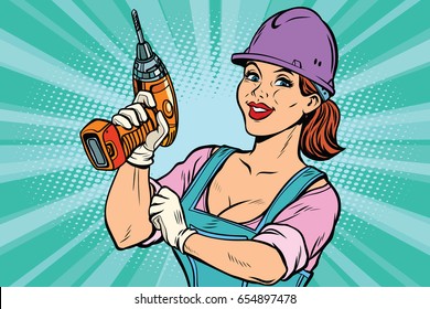 Construction worker with drill. Woman professional