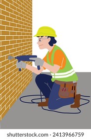 Construction worker drilling concrete wall. Hand drill and safety equipment. Manual electric tool. Tools for repair and housework. Drilling tool for making hole. Vector illustration flat design.