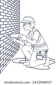 Trabajador de la construcción perforando una pared de hormigón. Equipo de perforación manual y de seguridad. Herramienta eléctrica manual. Herramienta para reparación y trabajo doméstico. Herramienta de perforación. Colores de contorno en blanco y negro. Ilustración vectorial. 