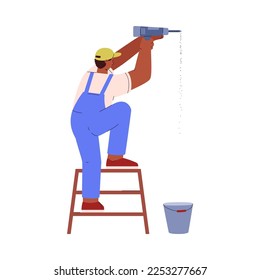 Muro de perforación de trabajadores de la construcción con taladro, ilustración plana vectorial aislada en fondo blanco. Hombre en edificio o reparación de uniforme. Concepto de obras de renovación.