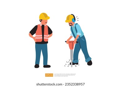 Construction worker drills road surface with jackhammer. Road professional worker supervision male character. character illustration cartoon vector