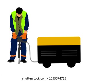 Construction worker electric drill Drilling concrete driveway with jackhammer, ground in construction area. Man repairing road surface with heavy duty machine. mason drilling cement concrete. sidewalk