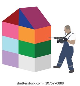 Construction worker electric drill Drilling concrete  with jackhammer, ground in construction area. Man repairing wall with heavy duty machine. mason drilling cement concrete. vector