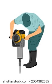 Construction worker electric drill illustration.
Drilling concrete driveway jackhammer ground in construction area. Man repairing road surface on duty machine. mason drilling cement concrete. sidewalk