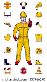 construction worker and elements, vector illustration