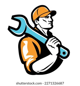 Construction worker emblem. Builder with wrench, logo in retro style. Vector illustration