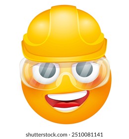 Emoji de trabajador de construcción sobre fondo blanco. Emoticon con casco amarillo y gafas de seguridad de construcción. Lindo emoticono