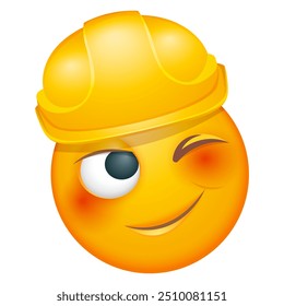 Construction worker emoji on white background. Emoticon with yellow hard hat. Cute emoticon