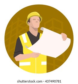 Construction worker, engineer or architect looking at the project plan. Yellow round background construction site silhouette.