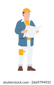 Construction worker engineer with blueprint labor engineering architectural concept illustration