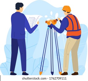 Construction worker and engineer character work measuring device, isolated on white, flat vector illustration. Man technologist hold construction plan, laborer in safety helmet geodetic activity.