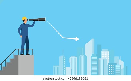 Construction worker or engineer in hard hat looking through telescope at modern city skyscrapers with a descending arrow.