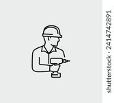 Construction Worker Engineer Holding Drill Machine Vector Line Icon