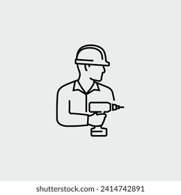 Construction Worker Engineer Holding Drill Machine Vector Line Icon