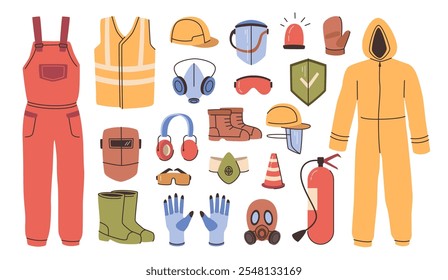 Construction worker or engineer protective equipment and clothes. Vector in flat style, isolated set of goggles, footwear boots and suits, headphones and helmets. Siren and fire extinguisher