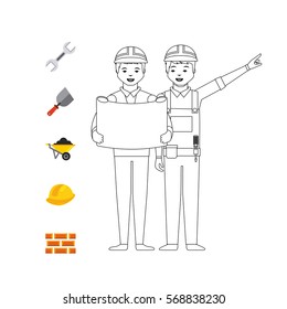 construction worker and Engineer and tools around over white background. under construction concept. colorful design. vector illustration