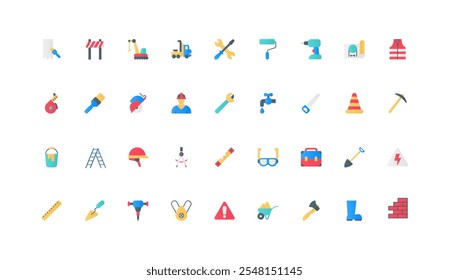 Construction worker and engineer tools, equipment for health safety color icon set. Man in hard hat, building project, toolbox of professional contractor and builder flat elements vector illustration