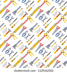 Construction worker equipment house renovation handyman tools carpentry industry seamless pattern background vector illustration.