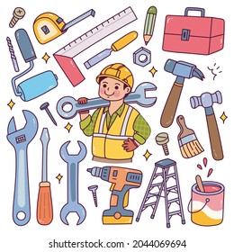 Construction Worker Equipment Set Doodle Style Stock Vector (Royalty ...