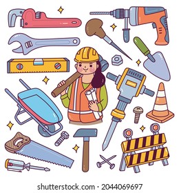 Construction Worker Equipment set in Doodle Style