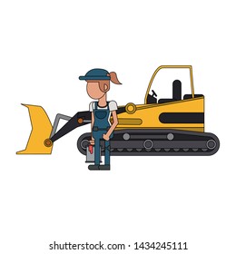 Construction worker with excavator vehicle cartoon vector illustration graphic design